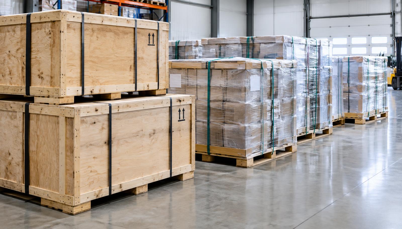 Export crates and wrapped pallets in a warehouse