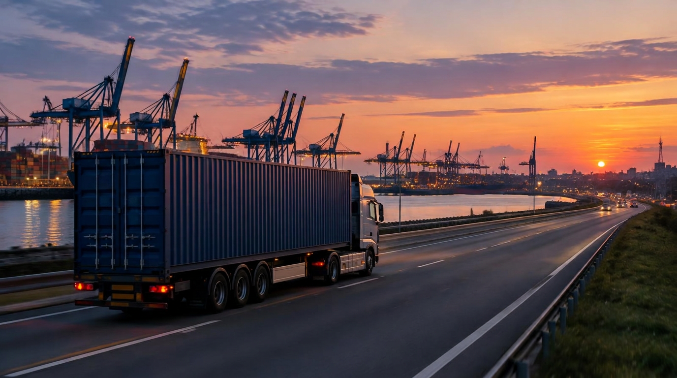 Container truck on a highway near a port at dusk