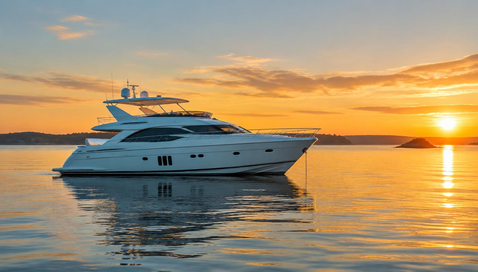 Motor yacht at anchor at sunset
